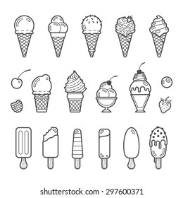 Vector icon set of yummy ice cream. Collection of different flavours and kinds