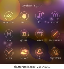 Vector icon set. Zodiac astrological signs in round shapes. Space planet and star glamour background.