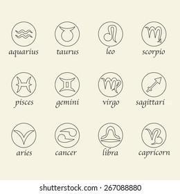 Vector icon set. Zodiac astrological outlined signs in round shapes. 