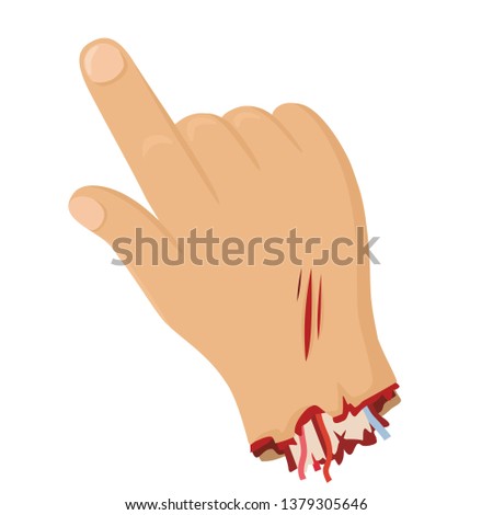 Vector icon severed hand in blood. The hand is scratched, the bones, muscles and blood flow from it. The hand points the finger. Illustration of a gesture torn male hand in flat minimalism style.