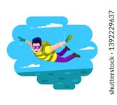 vector icon of sexy guy in parachute jump, free fall, flying over the sea, extreme sport, parachutist in flight, skydiver, athlete in sunglasses eps 10, flat background of sea ocean sky cloud 