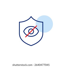 Vector icon of shield with crossed-out eye, symbolizing hidden protection, private security, or restricted monitoring. Ideal for cybersecurity apps, privacy tools, secure platforms