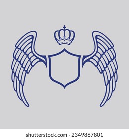 Vector icon of shield with crown on top and angel wings on the sides to be used as element for logo design