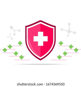 Vector icon of shield power. Surrounded by the immune system. Protection against health bacterial viruses. Medical prevention of human germs.
