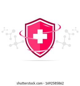 Vector icon of shield power. Surrounded by the immune system. Protection against health bacterial viruses. Medical prevention of human germs.
