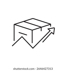 Um ícone de vetor de uma caixa de remessa com uma seta para cima, representando o andamento do despacho ou da distribuição do pacote, criado no estilo de linha com traço editável