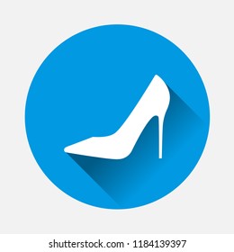 Vector icon of a shoe vector illustration on blue background. Flat image women's high-heeled shoes with long shadow. Layers grouped for easy editing illustration. For your design.
