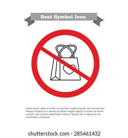 Vector icon of shopping bag with heart picture in prohibition sign, with text on gray ribbon and sample text