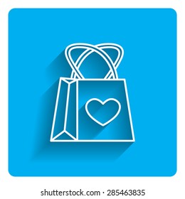 Vector icon of shopping bag with heart picture on bright blue background
