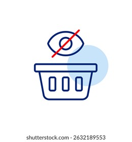 Vector icon of shopping basket with crossed-out eye, symbolizing hidden purchases, private shopping, or invisible cart activity. Ideal for e-commerce apps, privacy settings, and retail platforms