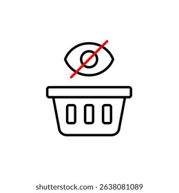 Vector icon of shopping basket with crossed-out eye, symbolizing hidden purchases, private shopping, or invisible cart activity. Ideal for e-commerce apps, privacy settings, and retail