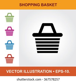 Vector Icon Of Shopping Basket With Title & Small Multicolored Icons. Eps-10.