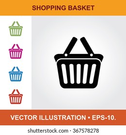 Vector Icon Of Shopping Basket With Title & Small Multicolored Icons. Eps-10.