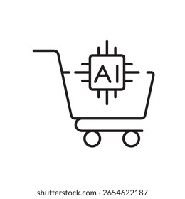 Un ícono de Vector de un Carrito de compras con un chip de IA, que representa las compras inteligentes y la inteligencia artificial en el comercio minorista, creado en estilo de línea con trazo editable
