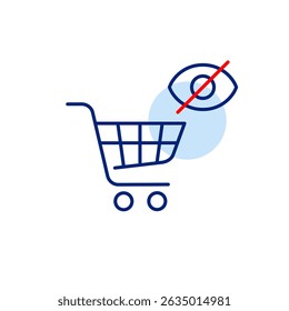Vector icon of shopping cart with crossed-out eye, symbolizing hidden purchases, private shopping, or restricted cart access. Ideal for e-commerce apps, privacy settings, and retail platforms