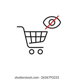 Vector icon of shopping cart with crossed-out eye, symbolizing hidden purchases, private shopping, or restricted cart access. Ideal for e-commerce apps, privacy settings, retail platforms