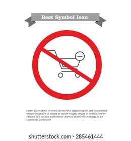 Vector icon of shopping cart depicting remove from cart icon in prohibition sign, with text on gray ribbon and sample text