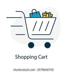 Vector icon for shopping cart in e-commerce systems. Represents product selection, checkout, and online purchasing.