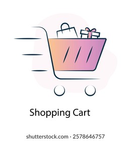 Vector icon for shopping cart in e-commerce systems. Represents product selection, checkout, and online purchasing.