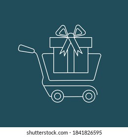 Vector Icon Shopping cart with gift box.Pictogram. Concept og mobile ordering