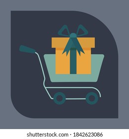 Vector Icon Shopping cart  with gift box.  Vector line icon.  Pictogram. Concept of mobile ordering