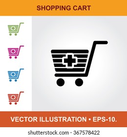 Vector Icon Of Shopping Cart With Title & Small Multicolored Icons. Eps-10.