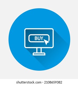 Icono vector de compras en la tienda online icono en fondo azul. Imagen plana con sombra larga.