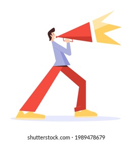 Vector icon shouting man. Illustration on theme of a cry. Man yells into megaphone loudly that there is strength. Illustration in the style of a man with a small head. For use in promotional sale.