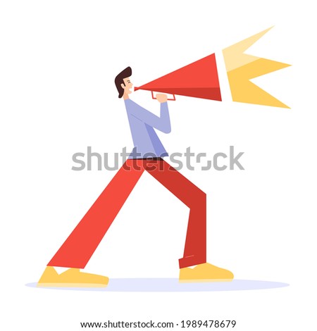 Vector icon shouting man. Illustration on theme of a cry. Man yells into megaphone loudly that there is strength. Illustration in the style of a man with a small head. For use in promotional sale.