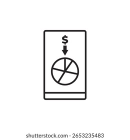 Vector icon showcases a budgeting app featuring a dollar sign, downward arrow, and pie chart on a phone, symbolizing financial tracking. Perfect for finance, money management, or app design.