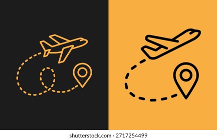 Vector icon showing an airplane flight route and destination location pin symbol