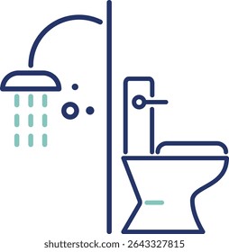 Ícone de vetor mostrando uma casa de banho com banheiro e chuveiro. Ideal para anúncios de imóveis e visuais de propriedade. Apresenta contornos editáveis para fácil personalização no design da caixa.