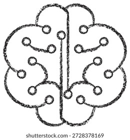 Ícone de vetor mostrando uma silhueta cerebral com nós neurais internos e linhas de conexão. Esboço de carvão marrom escuro sobre fundo transparente. Ilustração de funções cognitivas e lógica de aprendizagem de máquina