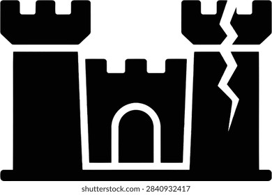 A vector icon showing a castle with a crack on one tower, representing a ruined fortress, historical site damage, or a metaphor for a fallen stronghold.