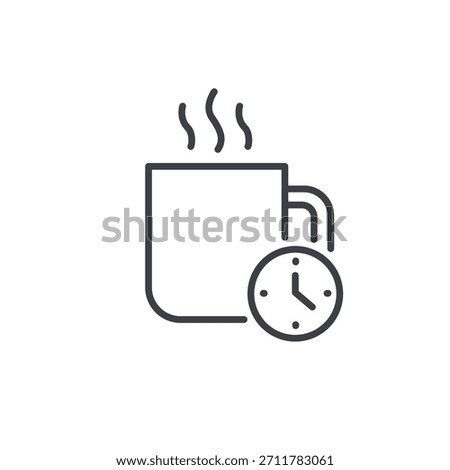 Vector icon showing a coffee cup with clock, symbolizing break time, relaxation, and refreshment.