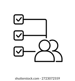 Um ícone de vetor mostrando tarefas conectadas e um usuário, representando itens de ação atribuídos durante uma reunião, criado no estilo de linha com traçado editável