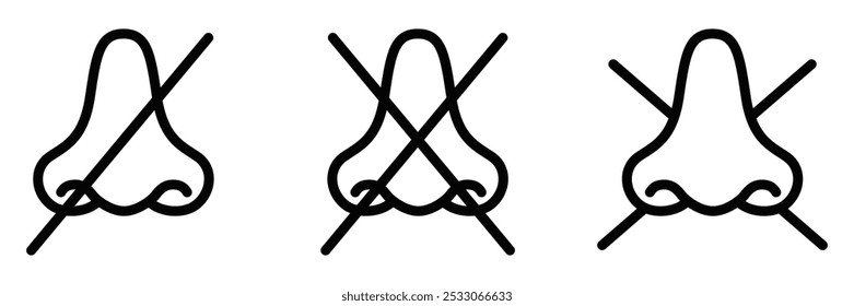 Icono de Vector que muestra una nariz tachada, que no representa olor ni fragancia, ideal para alergias o conceptos ambientales. Símbolo inodoro. Trazo editable.