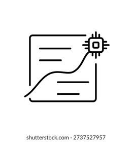 A vector icon showing a document with a line chart and AI chip, symbolizing tone rewriting in analytical content, created in line style with editable stroke