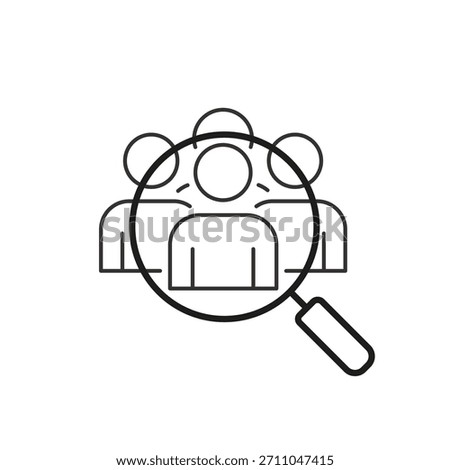 Vector icon showing four people with a magnifier selecting the perfect person for recruitment or analysis.