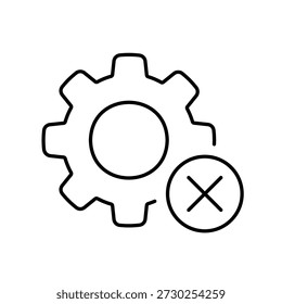 A vector icon showing a gear with an X mark, indicating a system error, created in line style with editable stroke