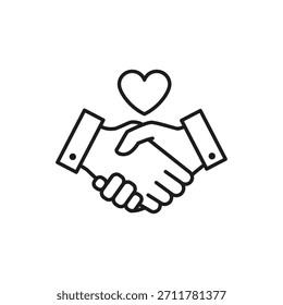 Icono de Vector que muestra un apretón de manos con un corazón que simboliza la confianza, la lealtad, la Asistencia y el cuidado de los empleados.