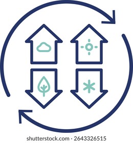 Ícone de vetor mostrando uma casa com quatro estações elementos (sol, floco de neve, folha, chuva). Perfeito para projetos imobiliários, resorts ou habitação adaptativa. Estruturas de tópicos editáveis para personalização completa.
