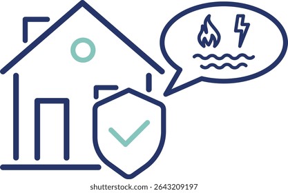 Vector icon showing a house protected by a shield, symbolizing home insurance. Ideal for real estate, property safety, or insurance services. Editable outlines for easy customization