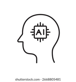 A vector icon showing a human head with an AI chip, representing artificial intelligence in the human mind or cognitive computing, created in line style with editable stroke