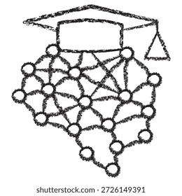 Vector icon showing a neural network mesh wearing a graduation academic cap. Dark brown charcoal sketch on transparent background. Illustration of machine learning education and AI training