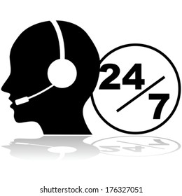 Vector icon showing a person with a headset providing phone support 24 hours a day, seven days a week