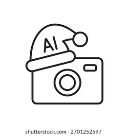 Un ícono de Vector que muestra un Filtrar de fotos con IA para Imágenes festivas, con un sombrero de Santa y un marco de fotos, creado en estilo de línea con un trazo editable