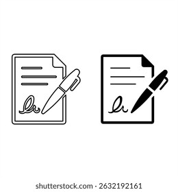 Ícone de vetor mostrando um contrato assinado com uma caneta nos estilos sólido e de estrutura de tópicos. Ideal para projetos jurídicos, comerciais e relacionados a contratos.
