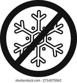 Icono de Vector que muestra un copo de nieve tachado dentro de un círculo de prohibición. Diseño limpio y simple ideal para advertencias de Clima, etiquetas anticongelantes, señales climáticas, 