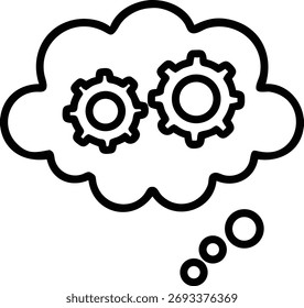 Um ícone de vetor mostrando uma bolha de pensamento contendo duas engrenagens. A imagem é isolada sobre um fundo branco e representa o conceito de pensamento, ideias e resolução de problemas.